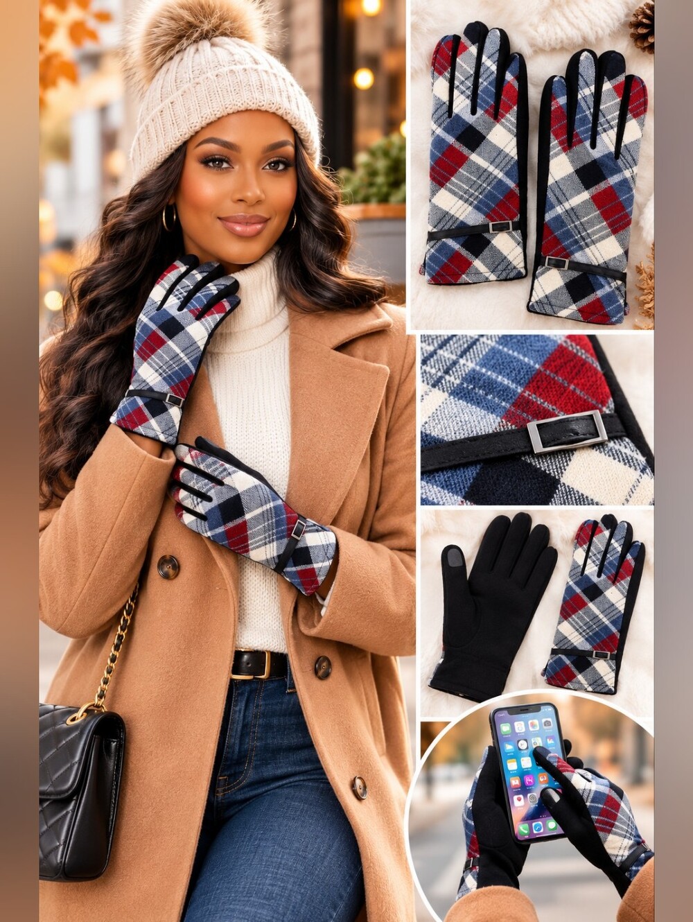 Women's Plaid Touchscreen Gloves | Cozy Winter Tech-Friendly Gloves | Classic